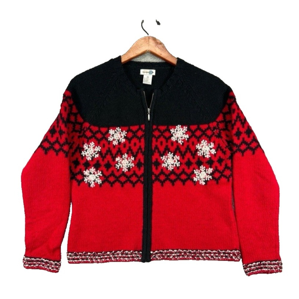 Womens Sweaters Cardigan Medium Wool‎ Blend Paul Harris Design Red Fair Isle Zip